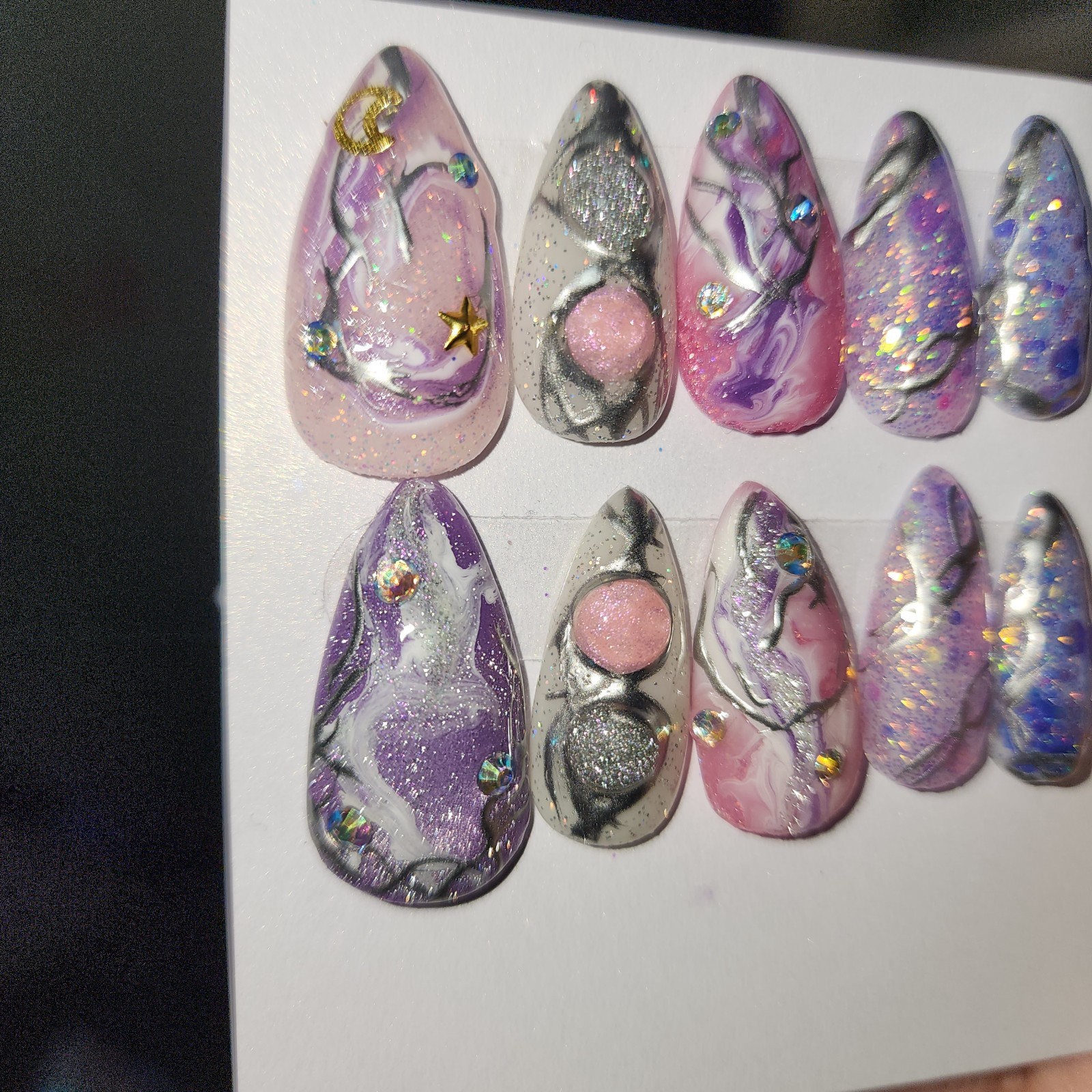Handmade Medium Size Medium Length Stiletto Acrylic Press-ons W/Chrome Celestial
