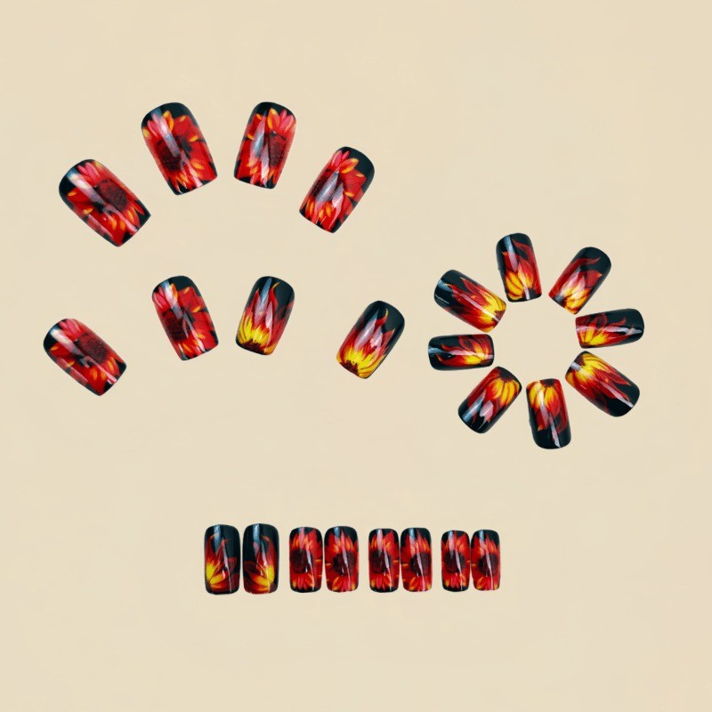 48 Pieces of Black Base Flame Sunflower Fake Nails – Removable Nail Art
