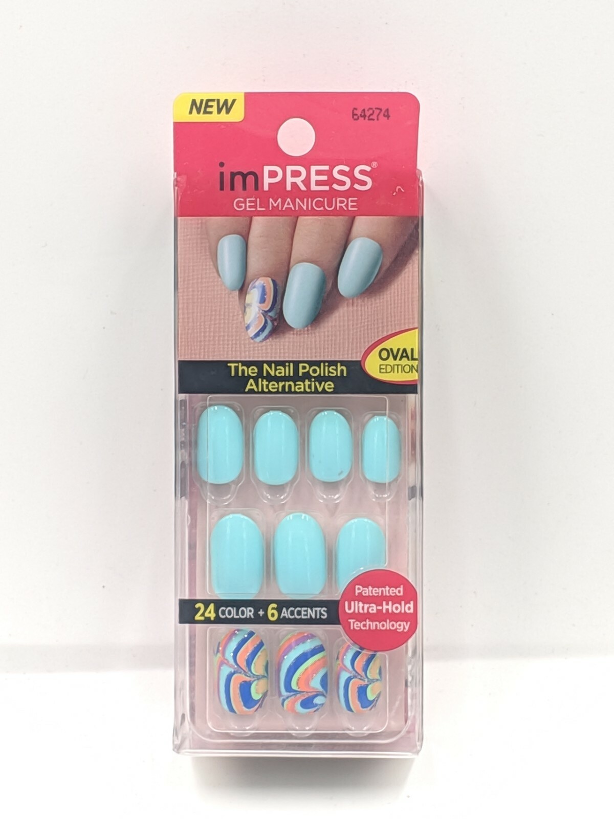 KISS imPRESS One-step Gel Manicure 24 Nails includes 6 Accents Oval Teal