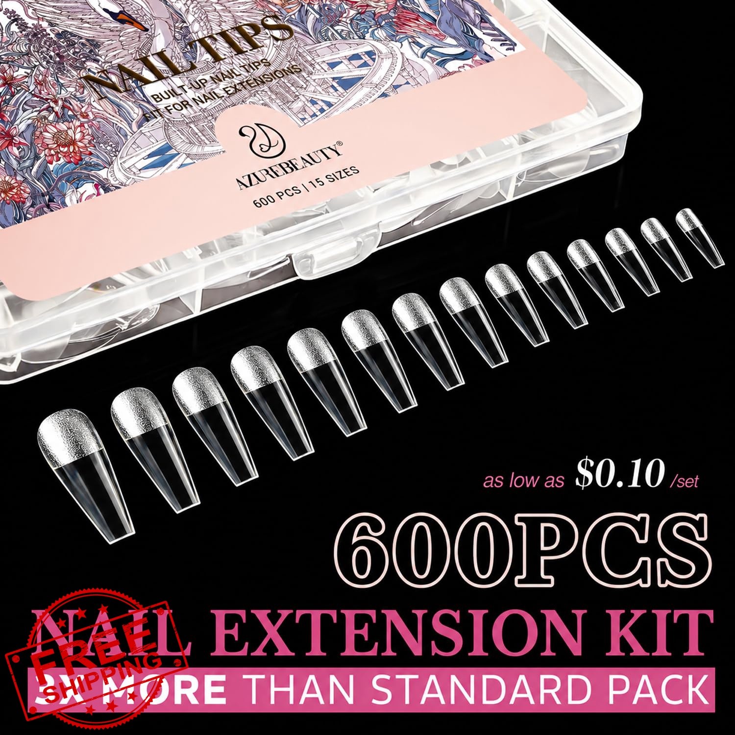 AZUREBEAUTY Long Coffin Soft Gel Nail Tips 600pcs 15 Sizes Clear