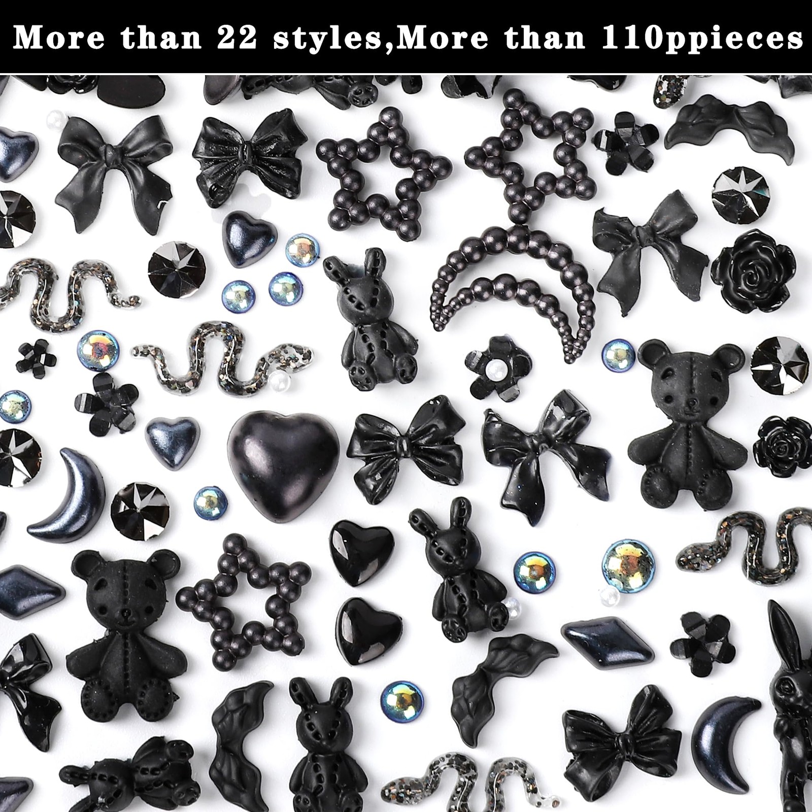 110PCS 3D Nail Charms – Camellia, Rose, Butterfly, Heart, Bear, Star (Black+2)