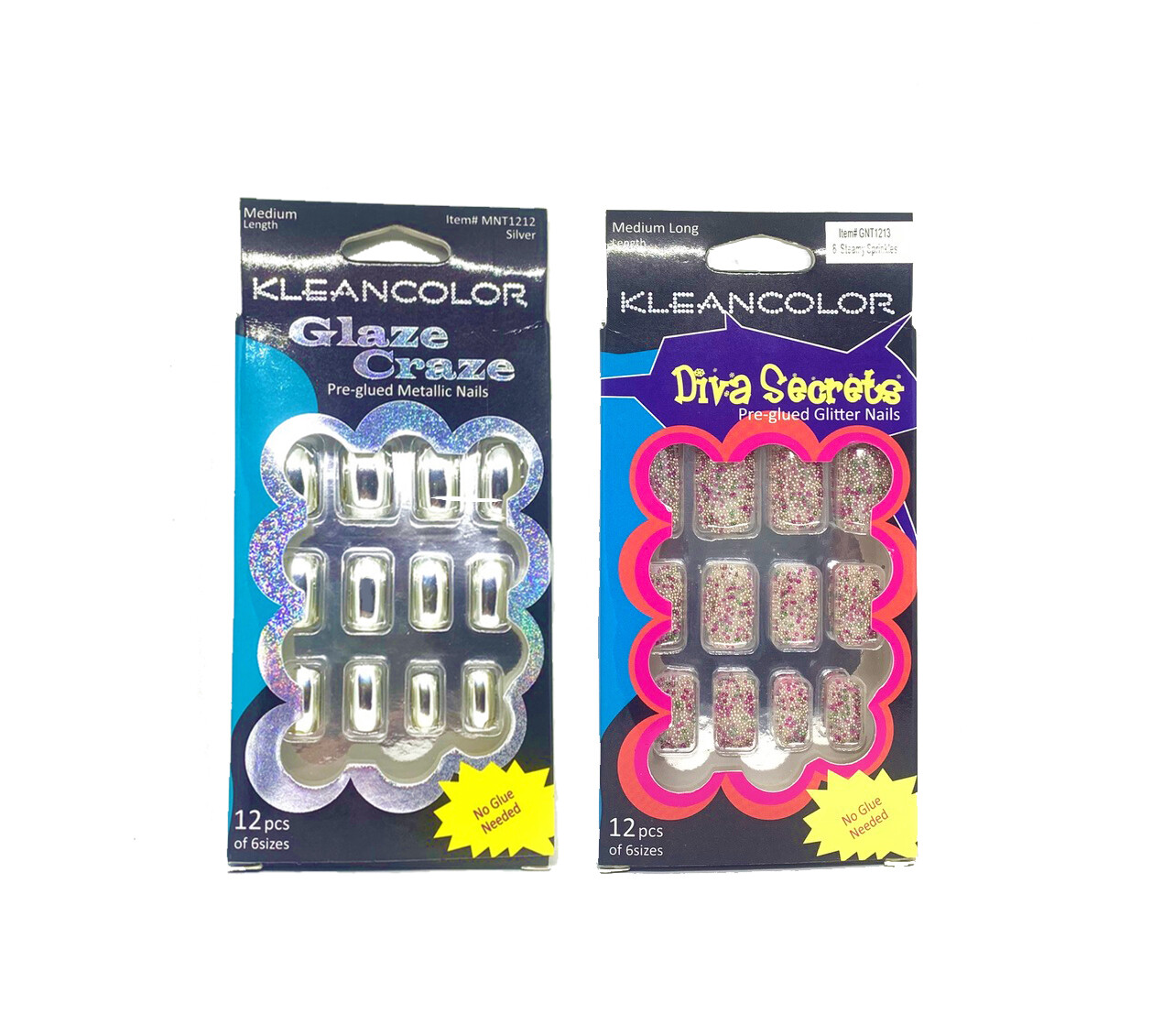KleanColor Pre-Glued Silver Metallic Med. & Steamy Sprinkles Med-Long Nails 2-PK