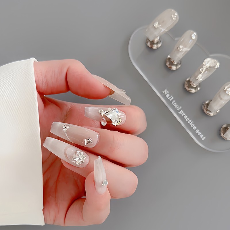 Pressure Nails 3D Love Diamond Crystal Nail Tips Stick on Nails with Nail Glue