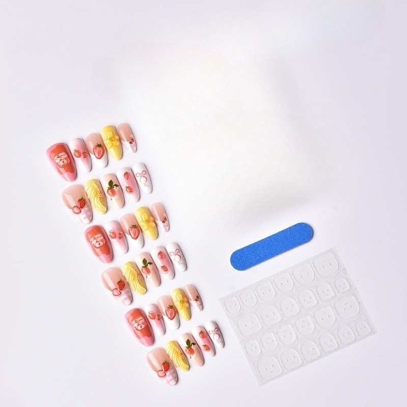 60pcs-Strawberry Press on Nail with 3D Charms and Floral Art, Short Almond Nails