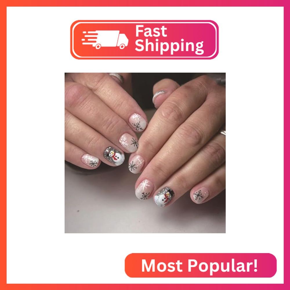 Christmas White Snowflake Press on Nails Short Square False Nails Christmas Blac