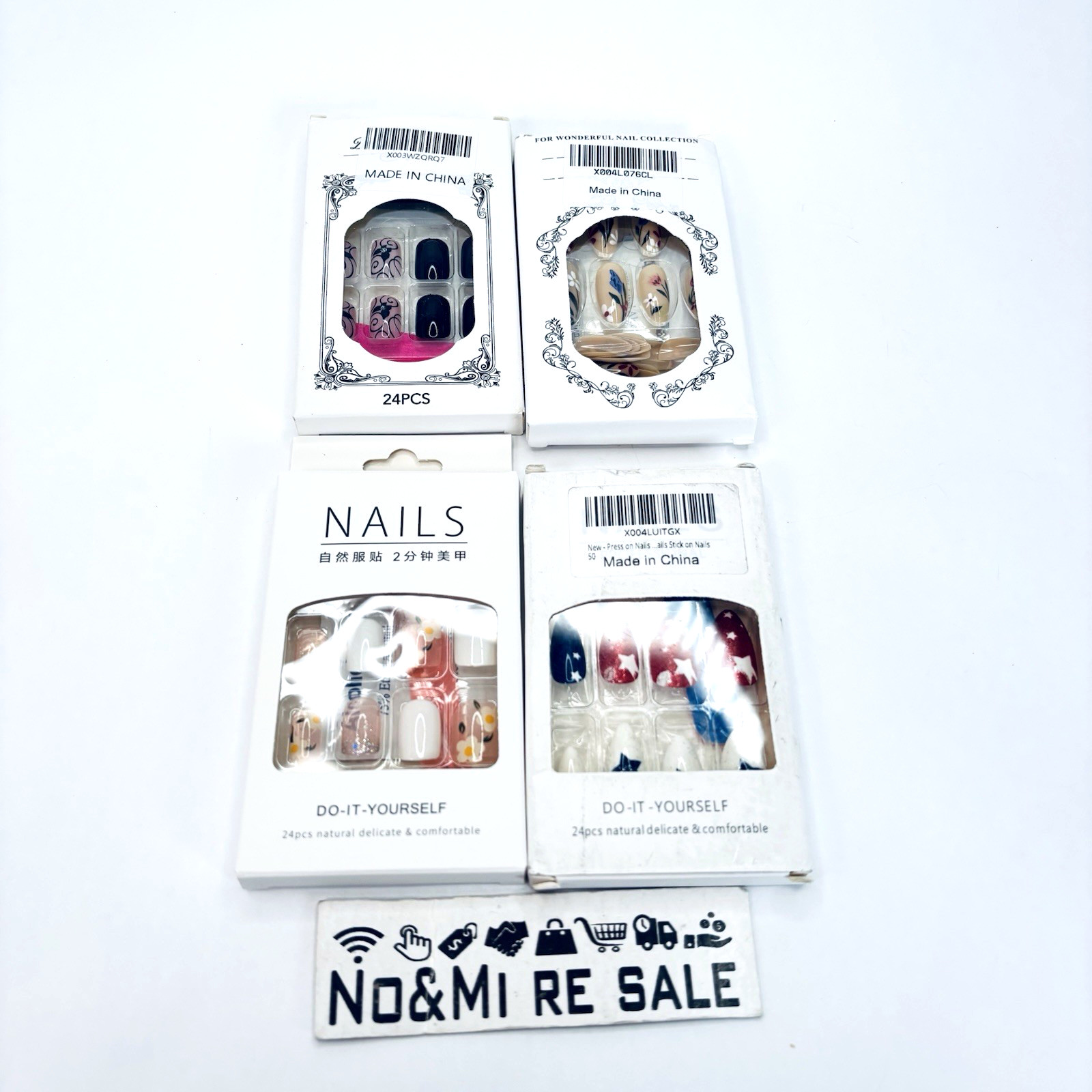 4 Assorted Press on Nails Colorful Glossy Finish Acrylic Nails 24pcs each