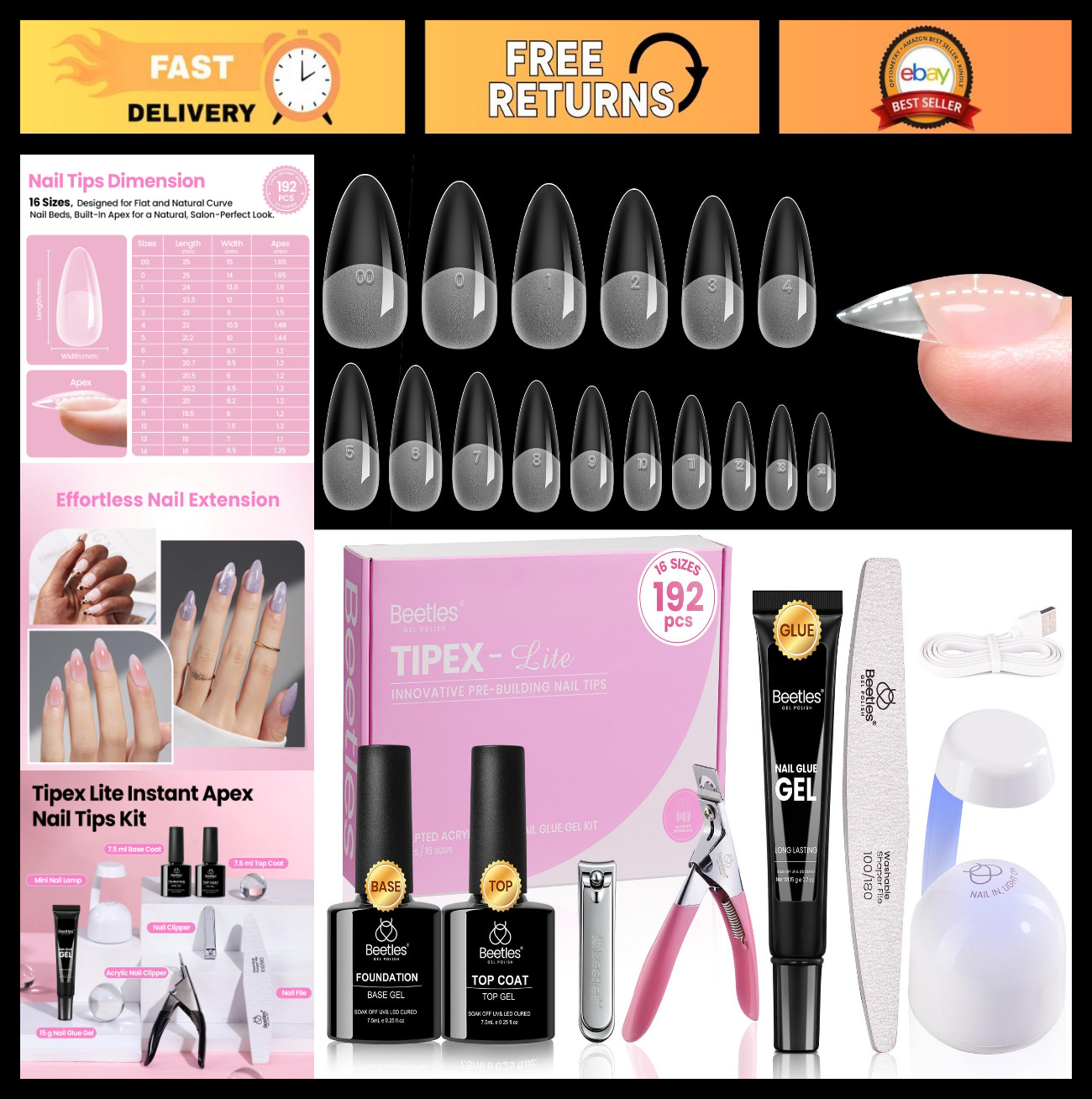 Acrylic Nail Tips Kit – 192pcs Almond Medium, UV Glue, Base & Top Coat, Mini Lam