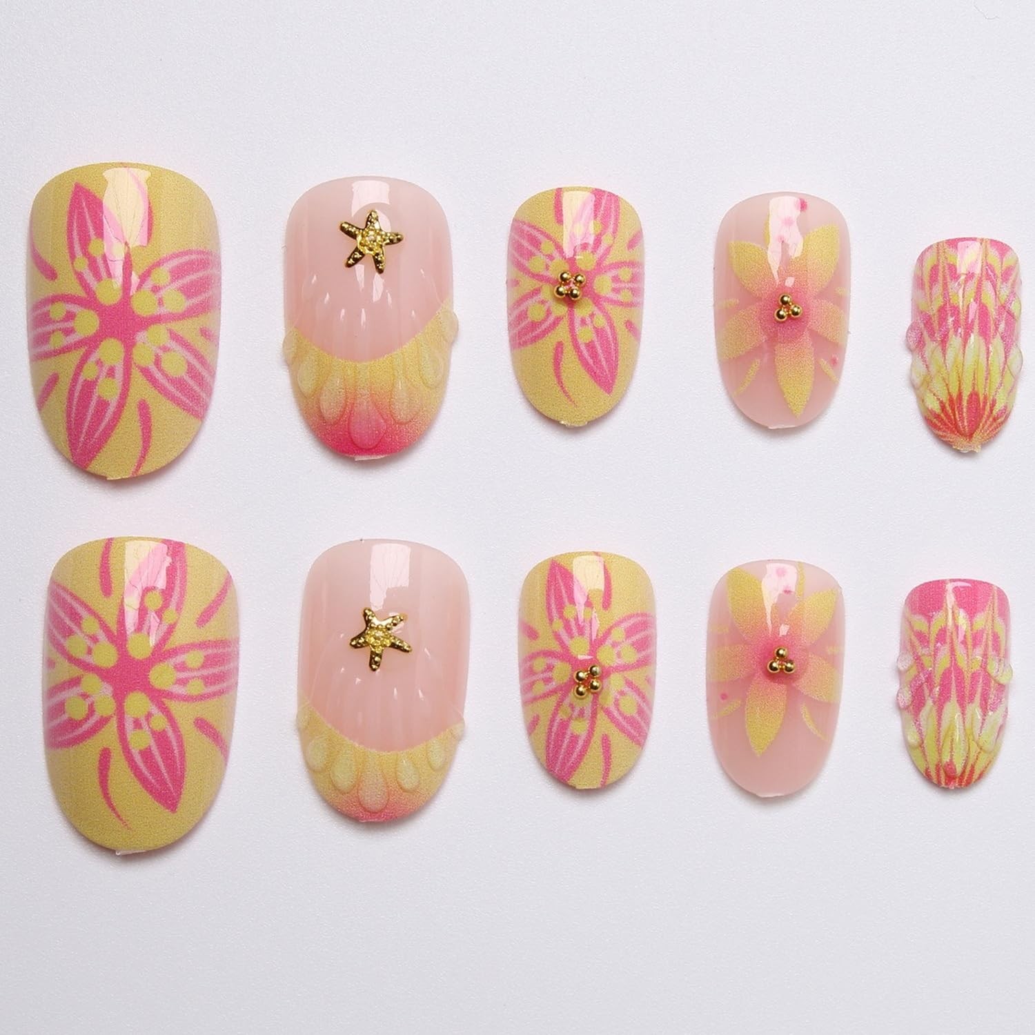Almond Shaped Press on Nails Gradient French Tip Fake Nails with Flower Desig…