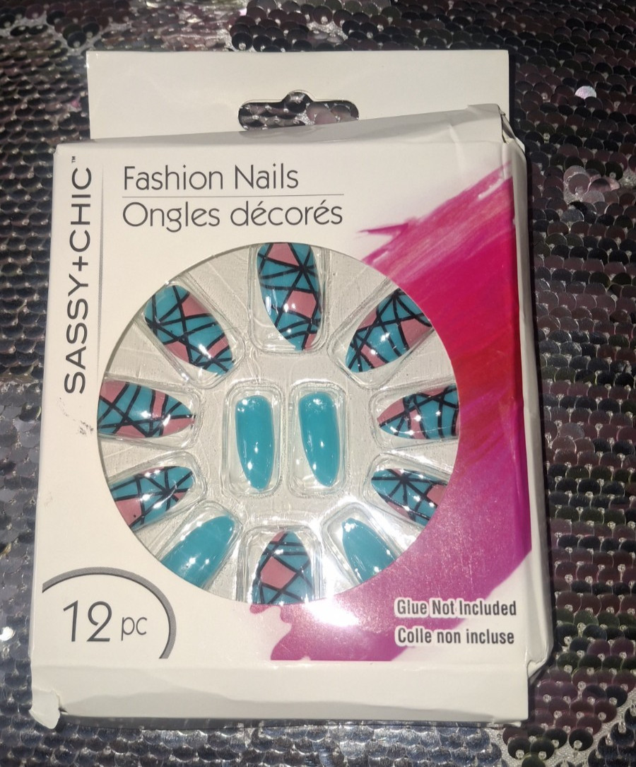 Sassy Chic Press On Nails 12pc Teal Pink Design False Nails Glue Not Included