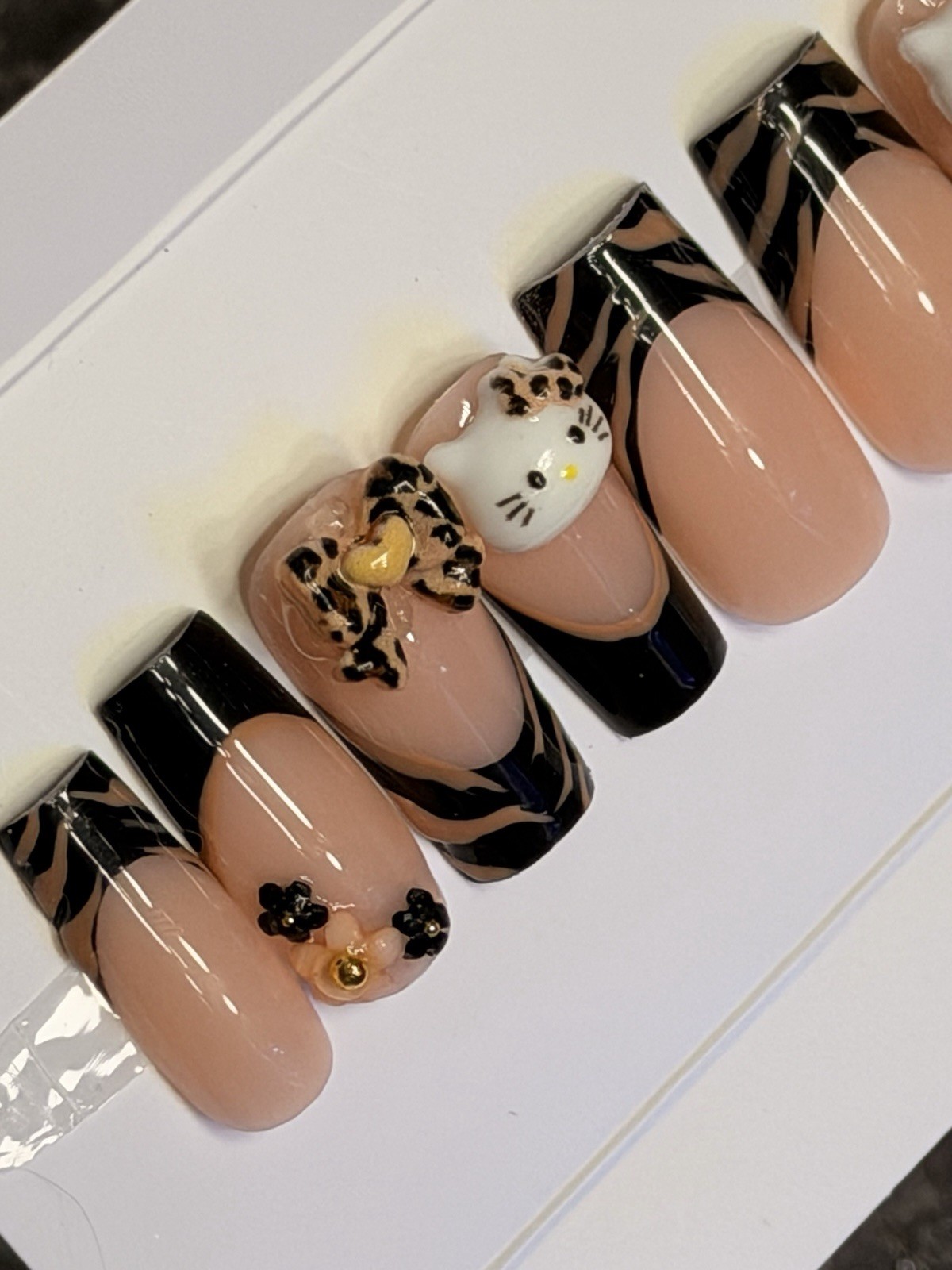 ✨ CUSTOM Press On Nails FRENCH BLACK HELLO KITTY BLING Flower 10p SET W Kit