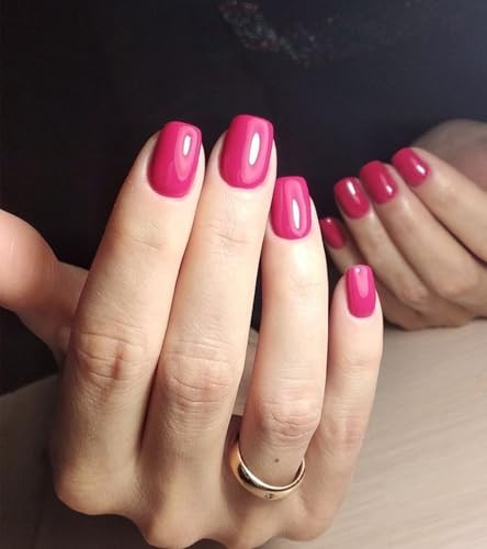 Press on Nails Short Square False Tips Glossy Reusable Fake Stick on Hot Pink
