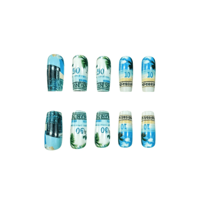 48 Pcs Beach Palm Coffin Press on Nails, Tropical Vacation Trendy Fake Nails