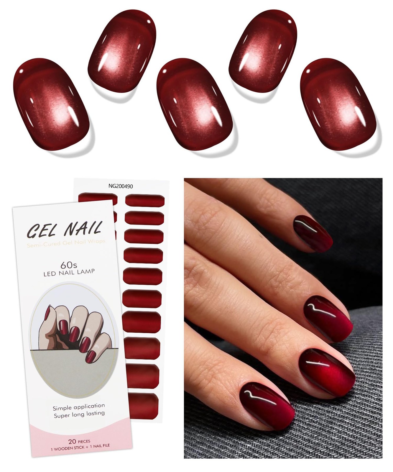 JMEOWIO Gel Nail Stickers Cat Eyes Red Semi Cured