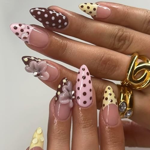 Polka Dot Press on Nails with Flower Accent,Medium Almond Pack of 24 Style-5