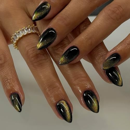 Cat Eye Press On Nails Almond – Gold to Black Press On Nails cateye black gold