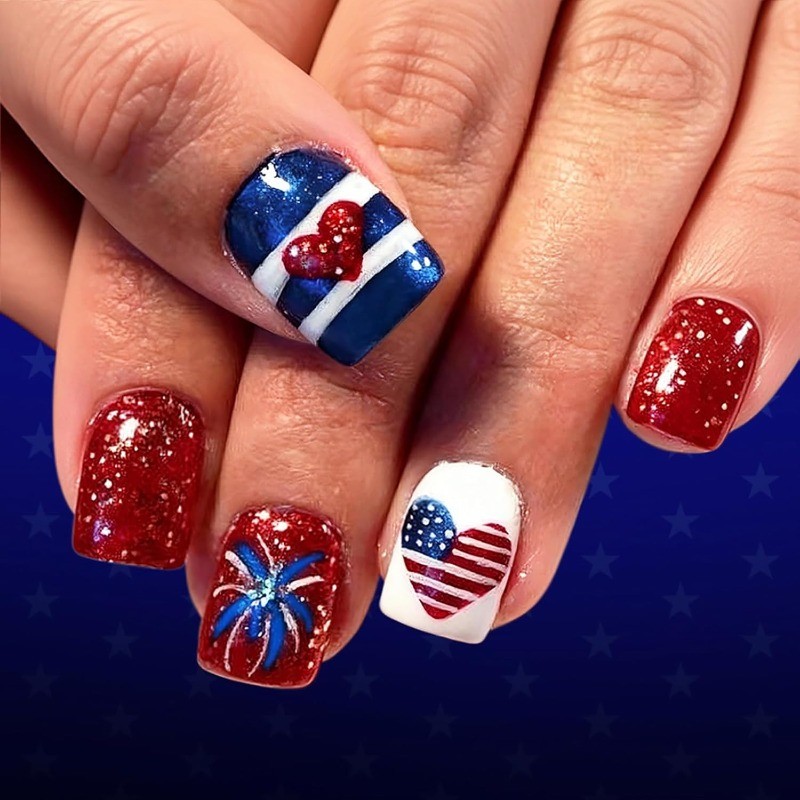 Patriotic Fake Nail with Red Blue White Glitter, Heart Flag and Firework Details