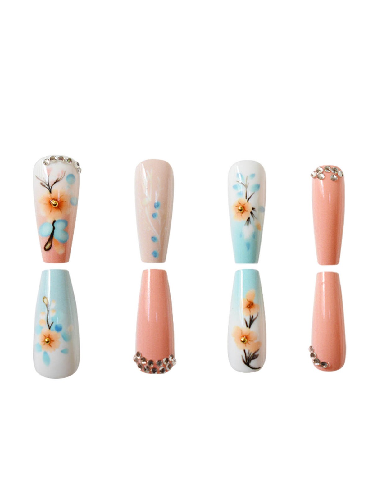 24PCS Sweet Cool 3D Floral Coffin Rhinestone Contrast Ballet Short Press On Nail