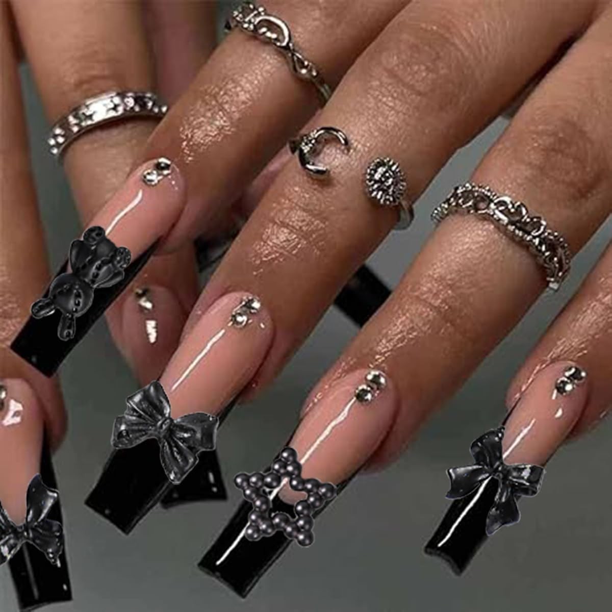110PCS 3D Nail Charms – Camellia, Rose, Butterfly, Heart, Bear, Star (Black+2)