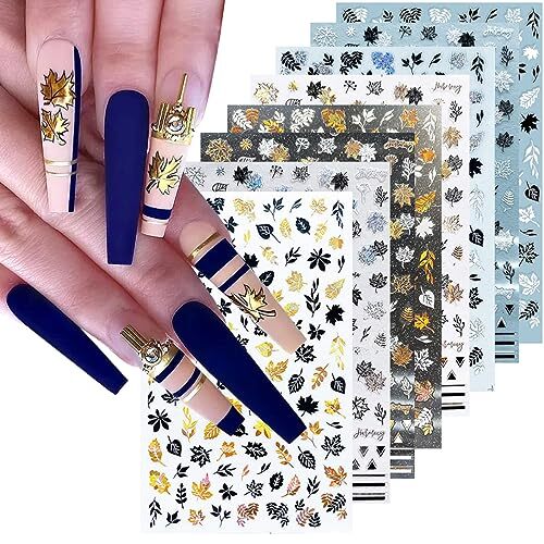 8Sheets Gold Maple Leaf Nail Stickers 3D Fall Nail Art Supplies Sticker 12