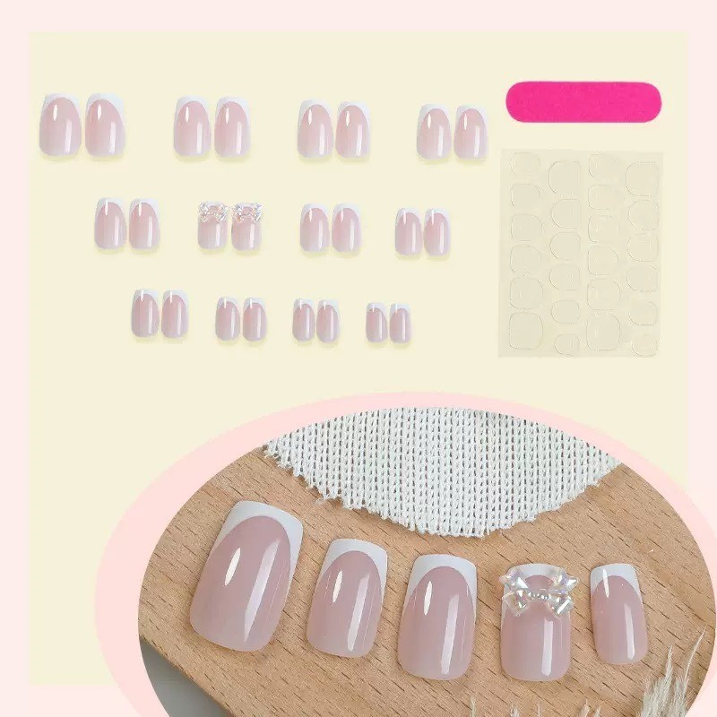 72pcs-Coffin Press on Nails, Nude with White French Tips & Crystal Rhinestones