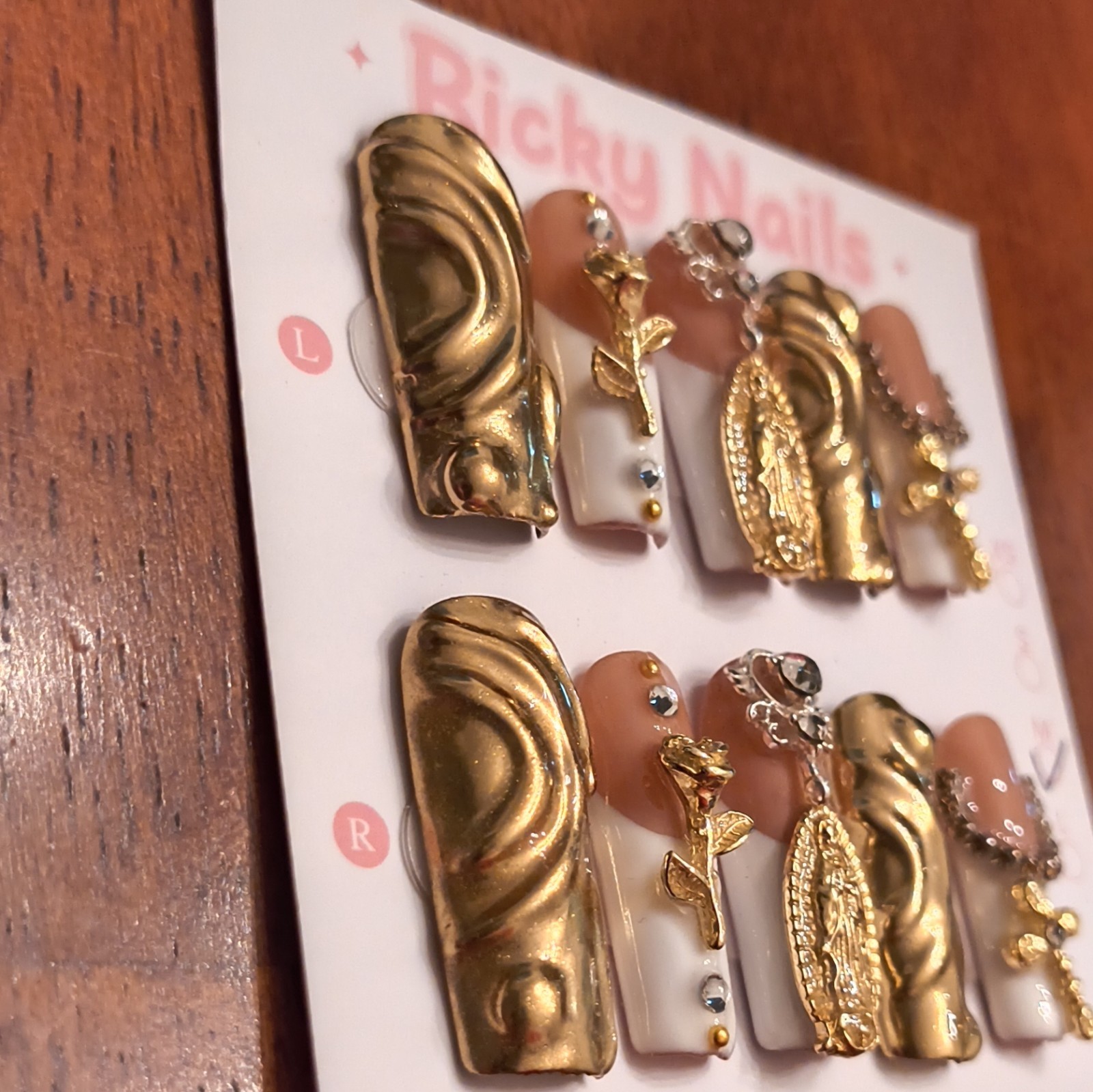 Ricky Nails Press-On Nails Medium Square Nude Gold White 3D Design