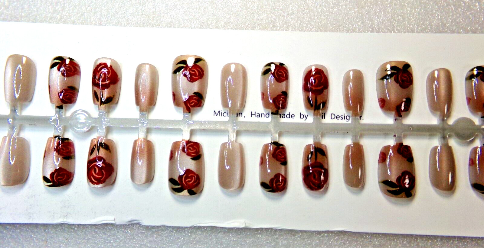 Micizian Nails Champagne Pink with Red Roses Design GLUE-On Short