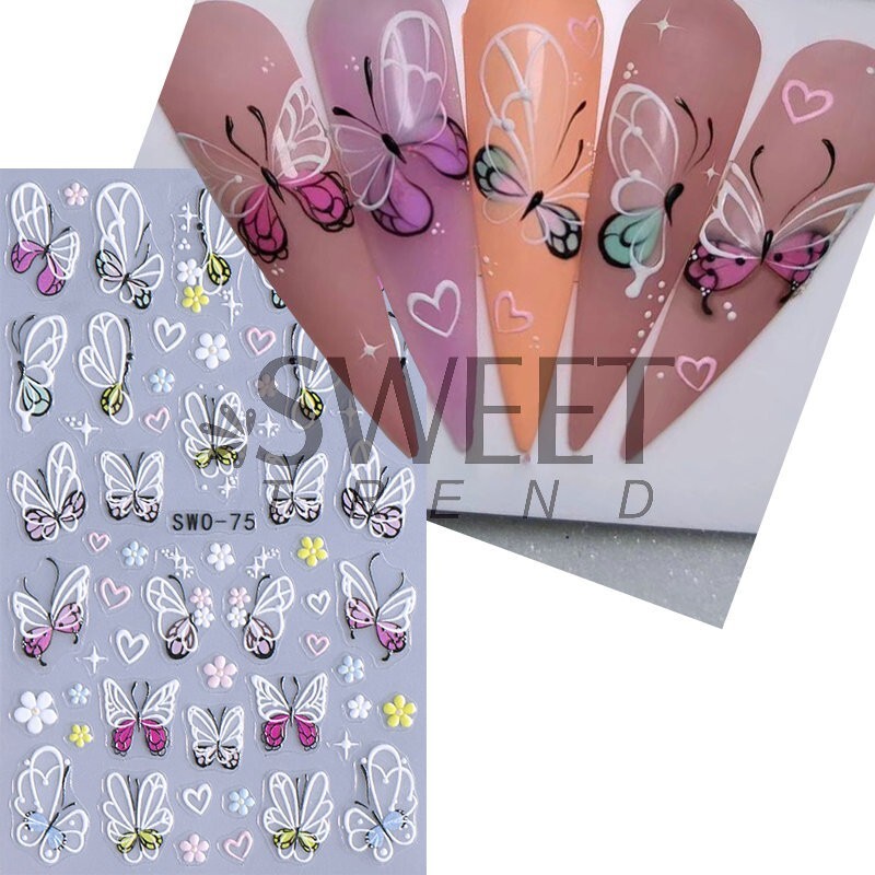 5D Red Pink Flower Camellia Nail Stickers Geometric Floral Butterfly Daisy Decal