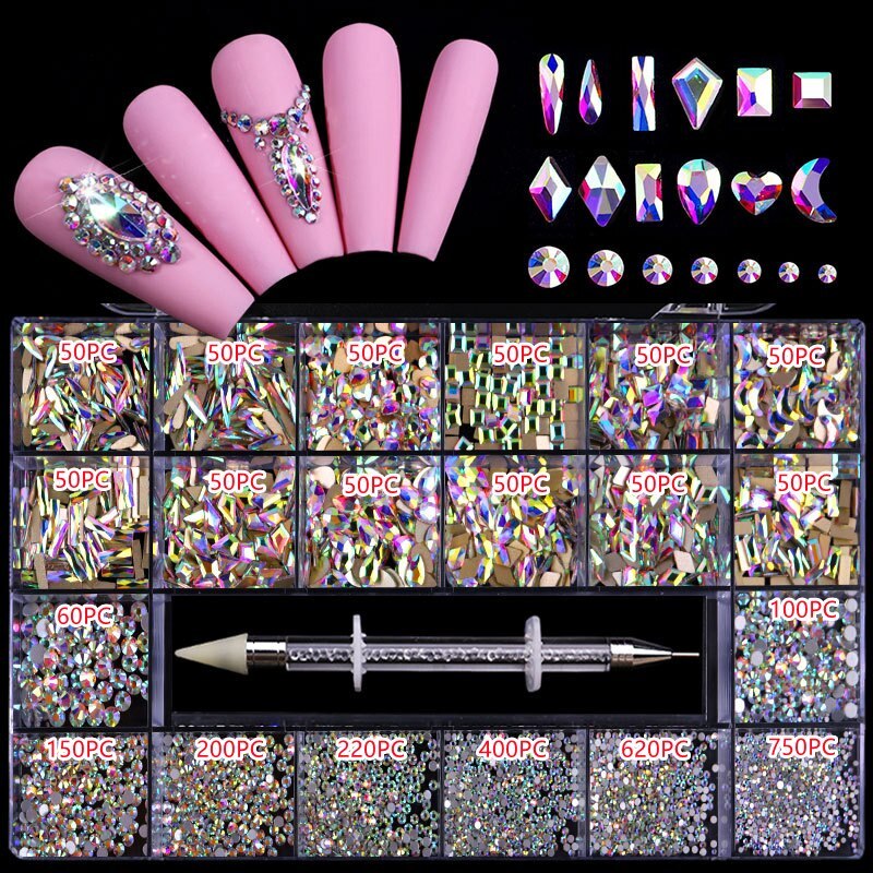 3100PCS/Boxed Luxury Rhinestone Nail Art Jewelry Set Glass Nail Crystals Box