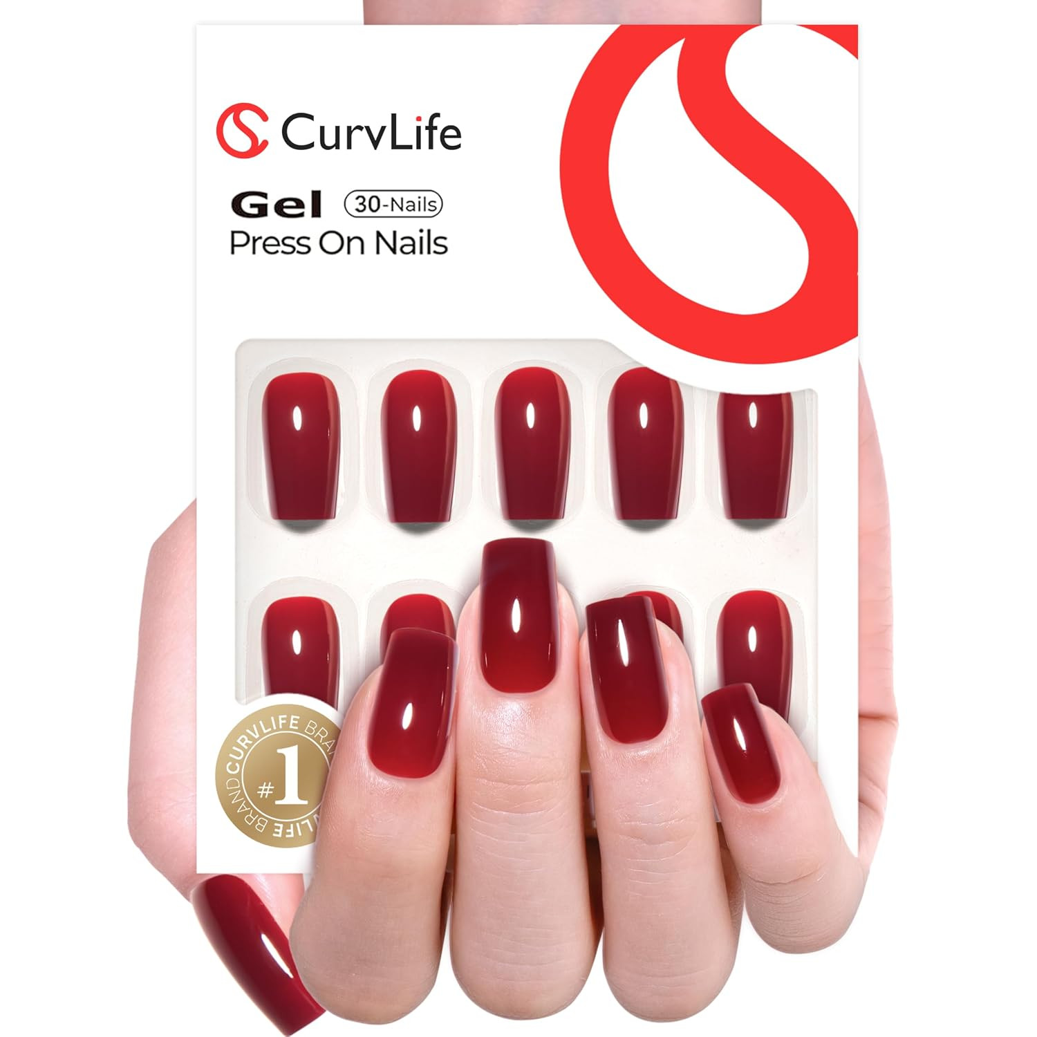 Soft Gel Square Press on Nails, Medium Deep Red Christmas Design Acrylic Stick o