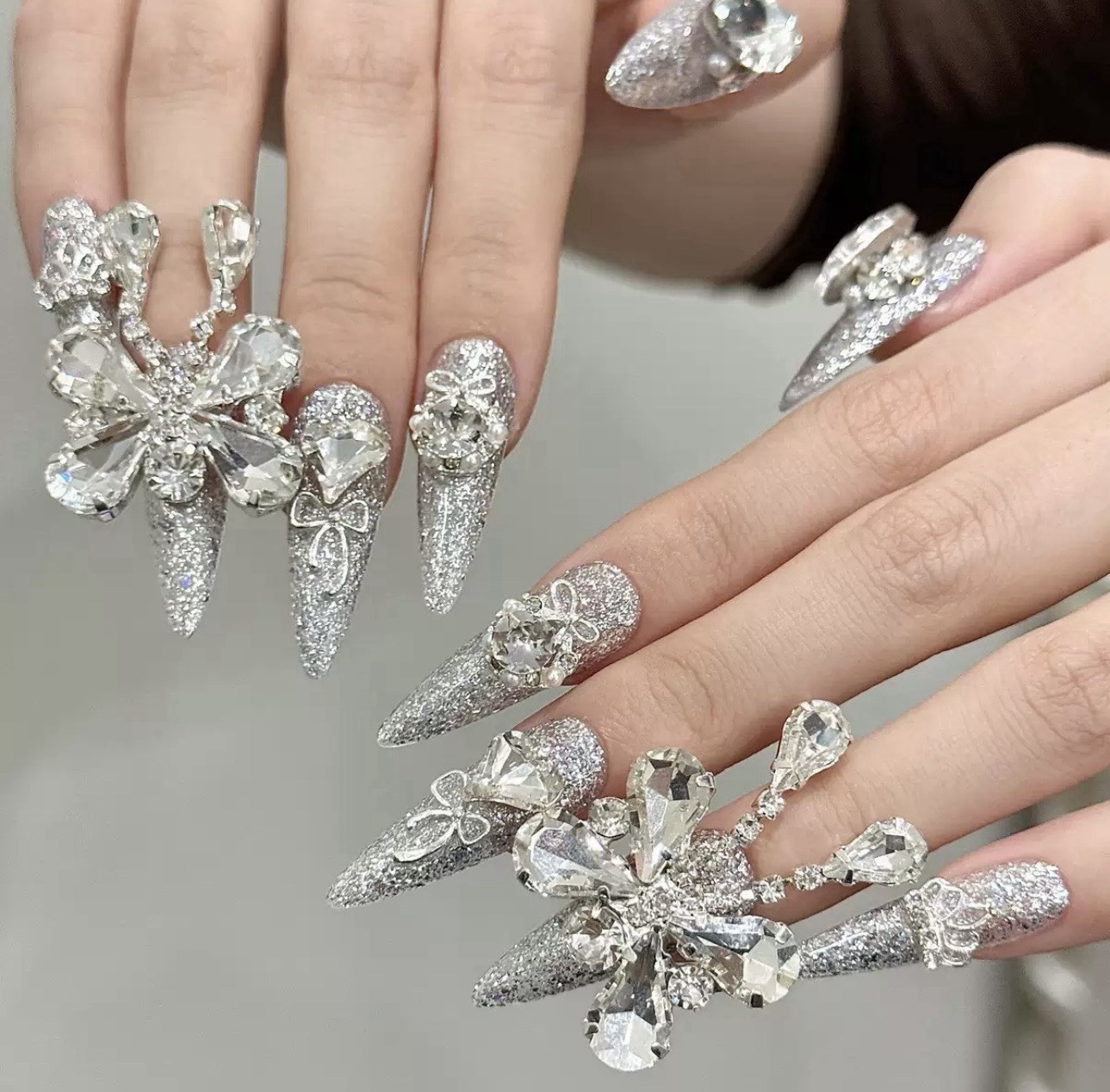 Luxury Silver Crystal Butterfly Press On Nails | Extra Long Stiletto Rhinestone