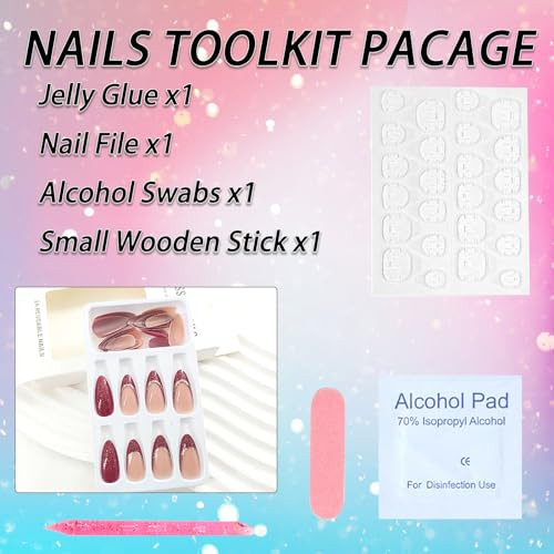 Medium Press on Nails Almond Burgundy Burgundy French Tip & Silver Glitter