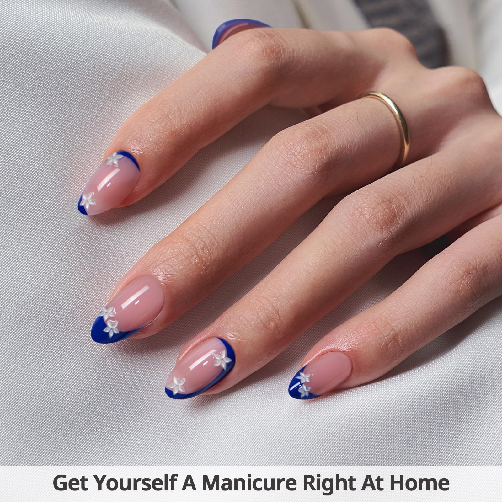 Press On Nails Blue Blossom Short Almond French Tips 32Ct | Salon-Quality Easy A