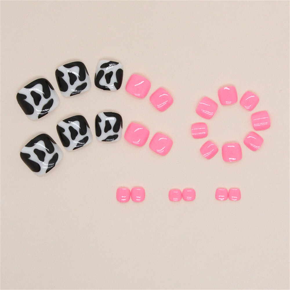 Glossy Pink False Nail Animal Print Short Toe Press on Nails for Nail Art 24pcs