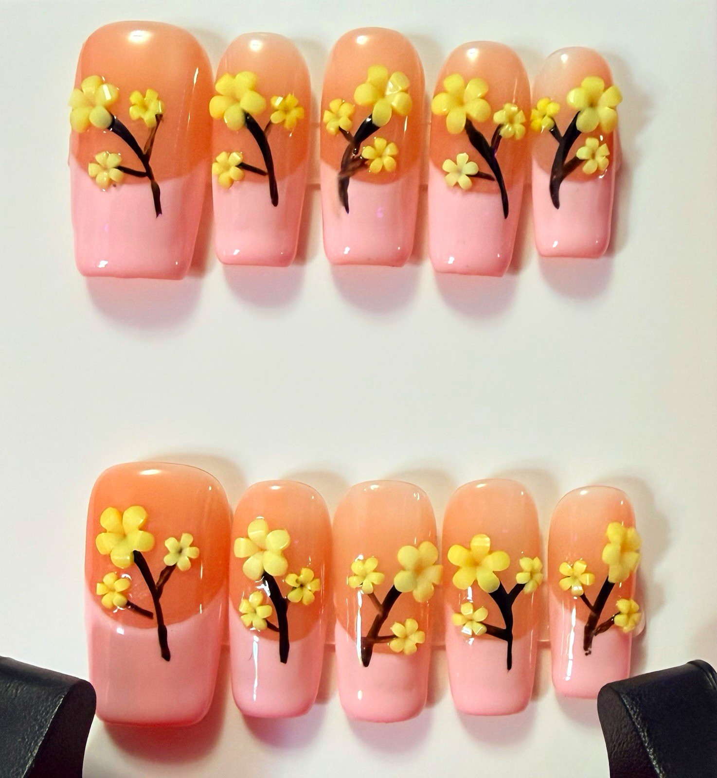 Pink/Nude/Yellow/Black 3D Flower Square Press-On Nails, Medium Shiny Full Cover