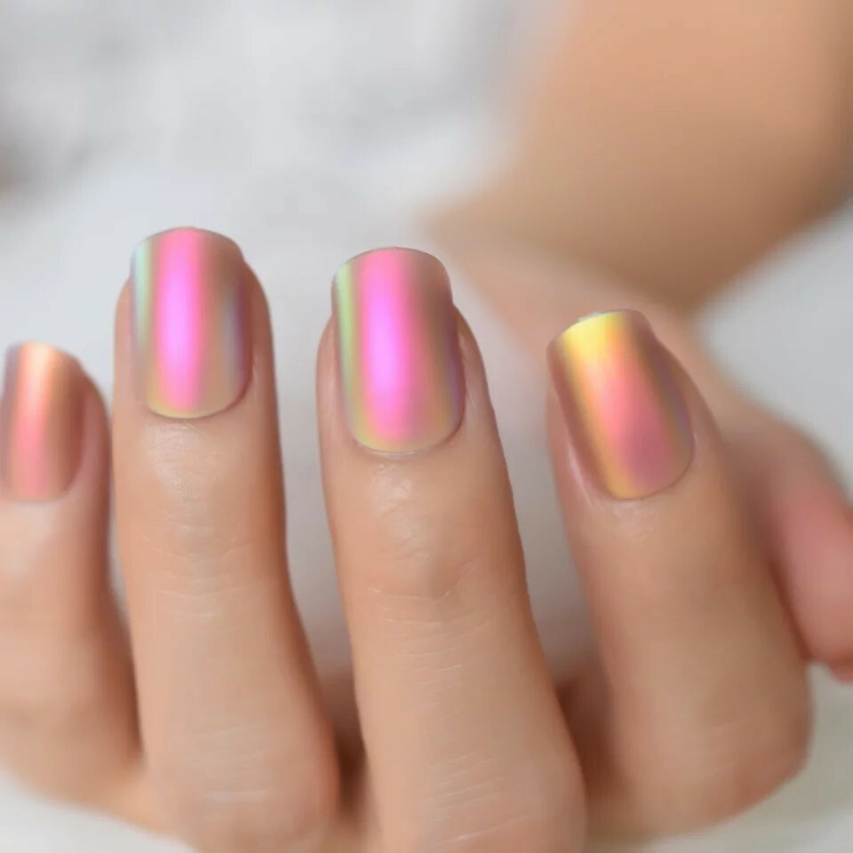 Holographic Press on Nails Sunset Rust Matte Metallic with glue