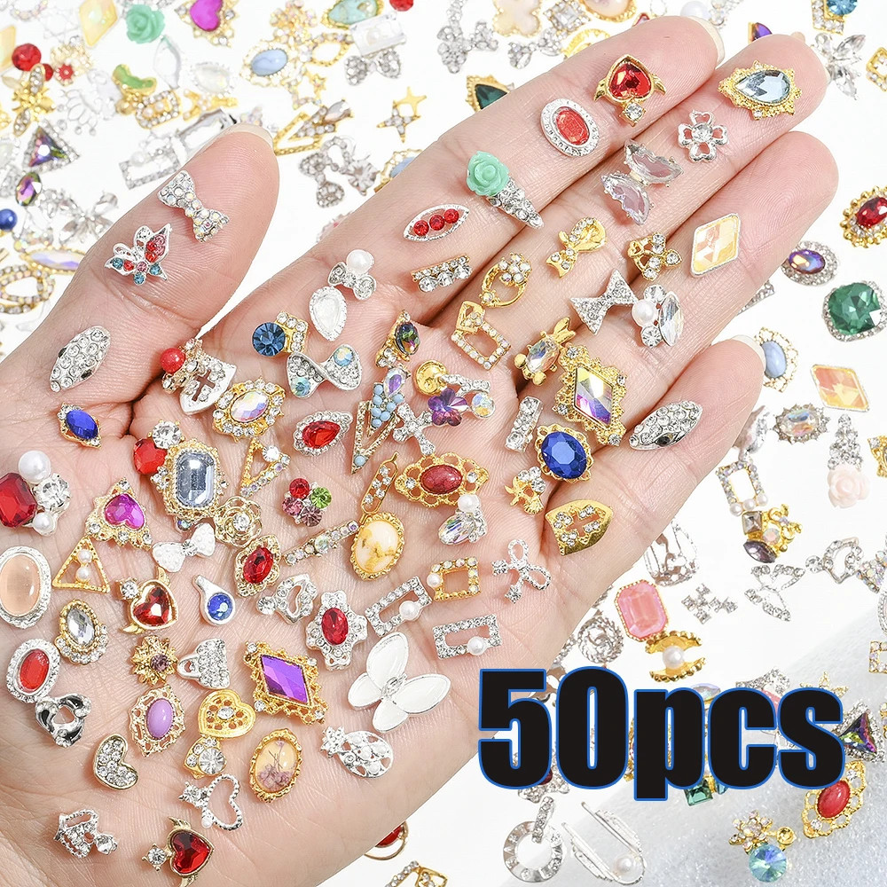 50Pc Random Luxury Nail Art Dangle Jewelry (Heart Bowknot) Mixed Style 3D Nail