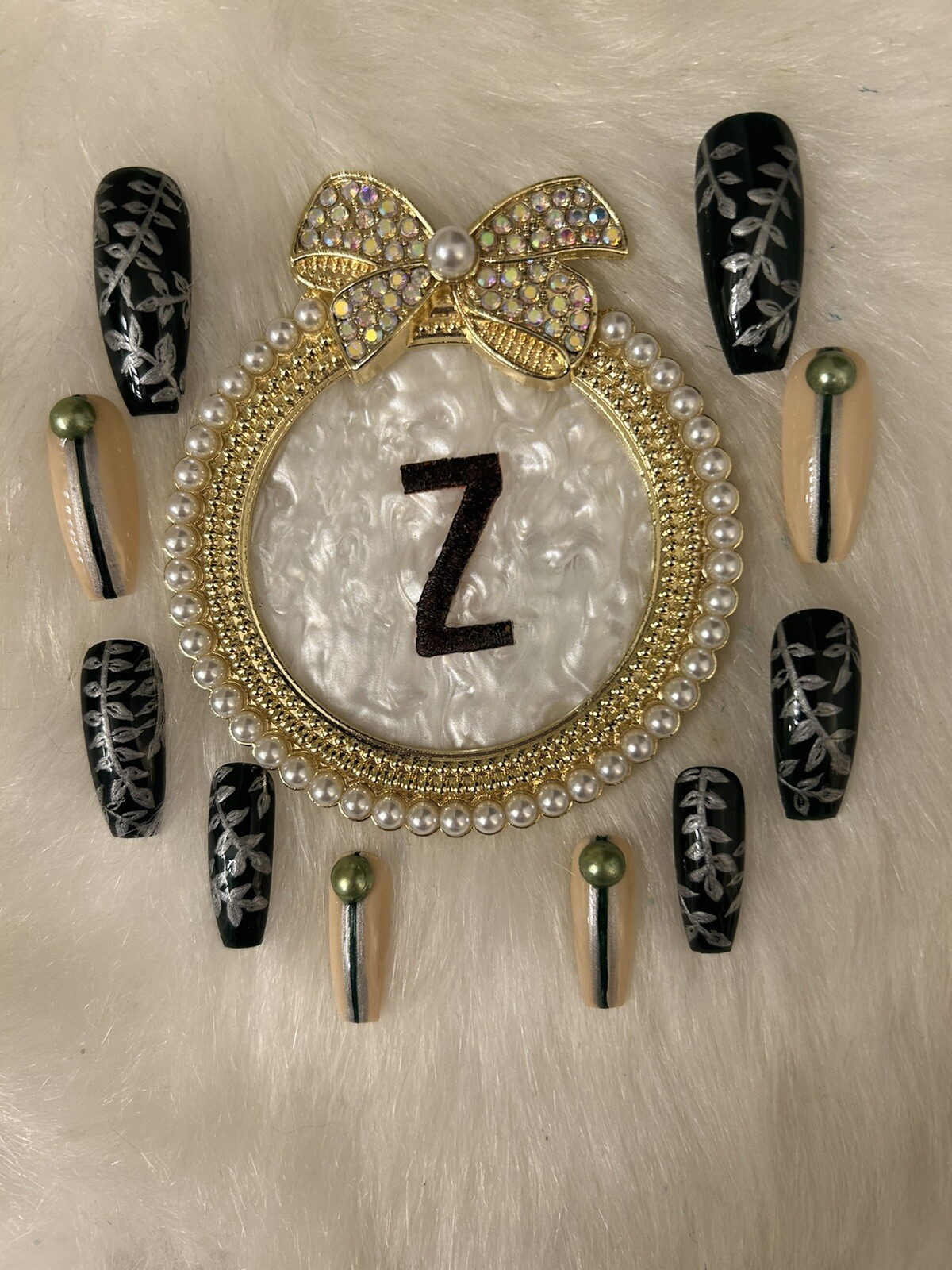 Z NAILZ! Gorgeous Set Of Dk Green/Beige L Coffin W/Bling Press On Nails