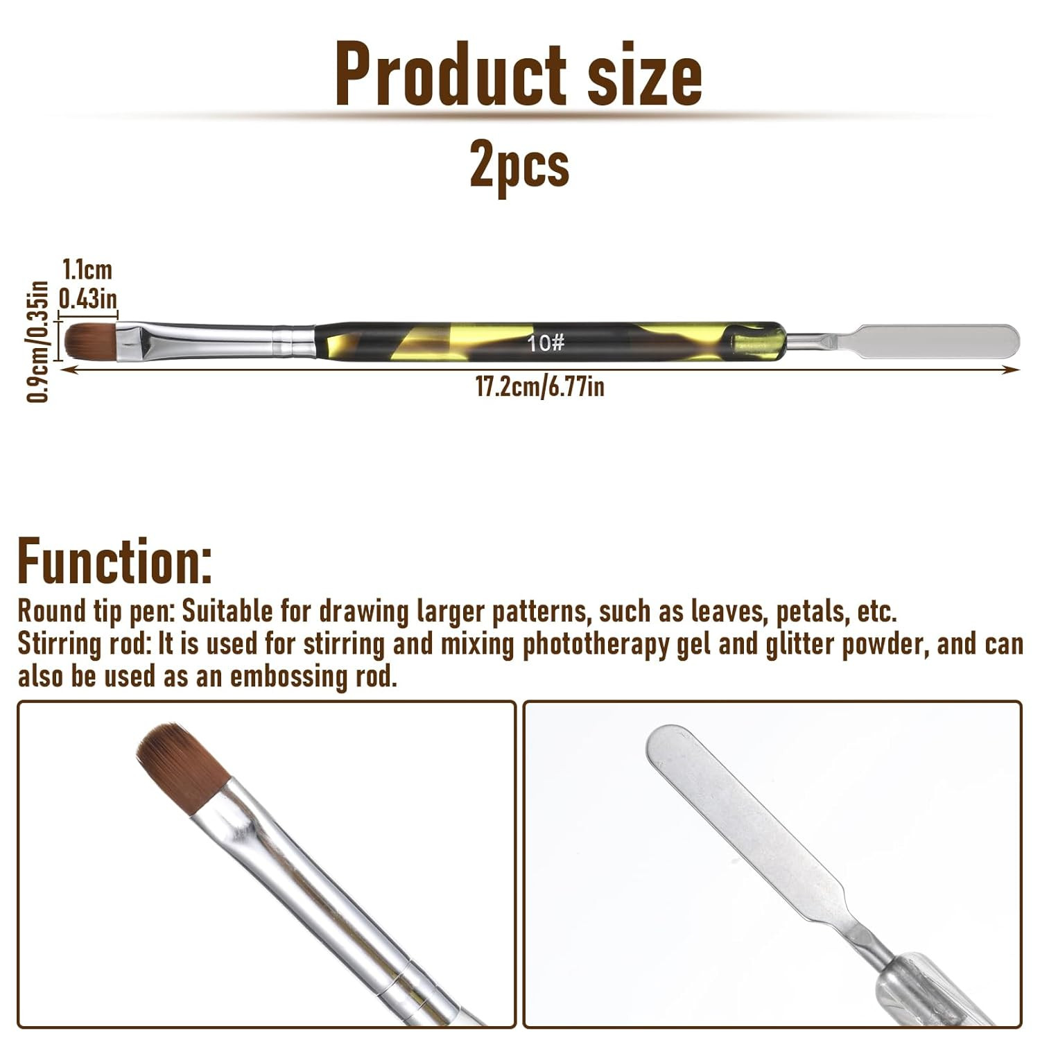 2 Pcs Acrylic Nail Art Brush French Tip Gel Brush with Stirring Rod Dual-Ended P