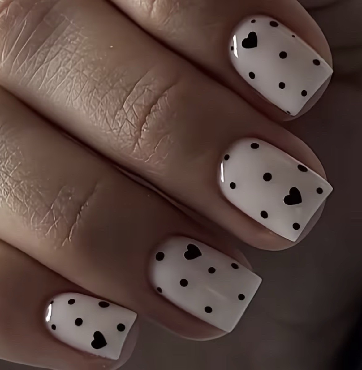 White Black Polka Dot Heart Square Short Press-On Nails 3D Glue Included