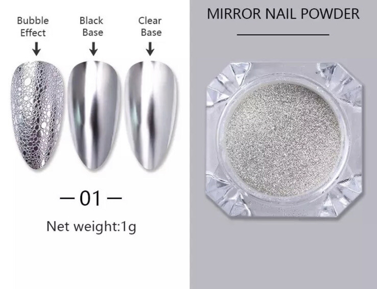 Silver Mirror Nail Chrome Powder Shimmer Super Glass Effect Decoration + Brush