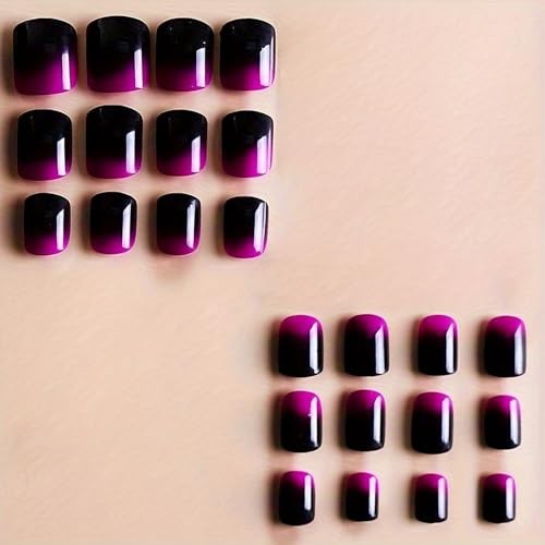 Press On Nails Short Square French Fake Nails with Gradient Designs Glossy