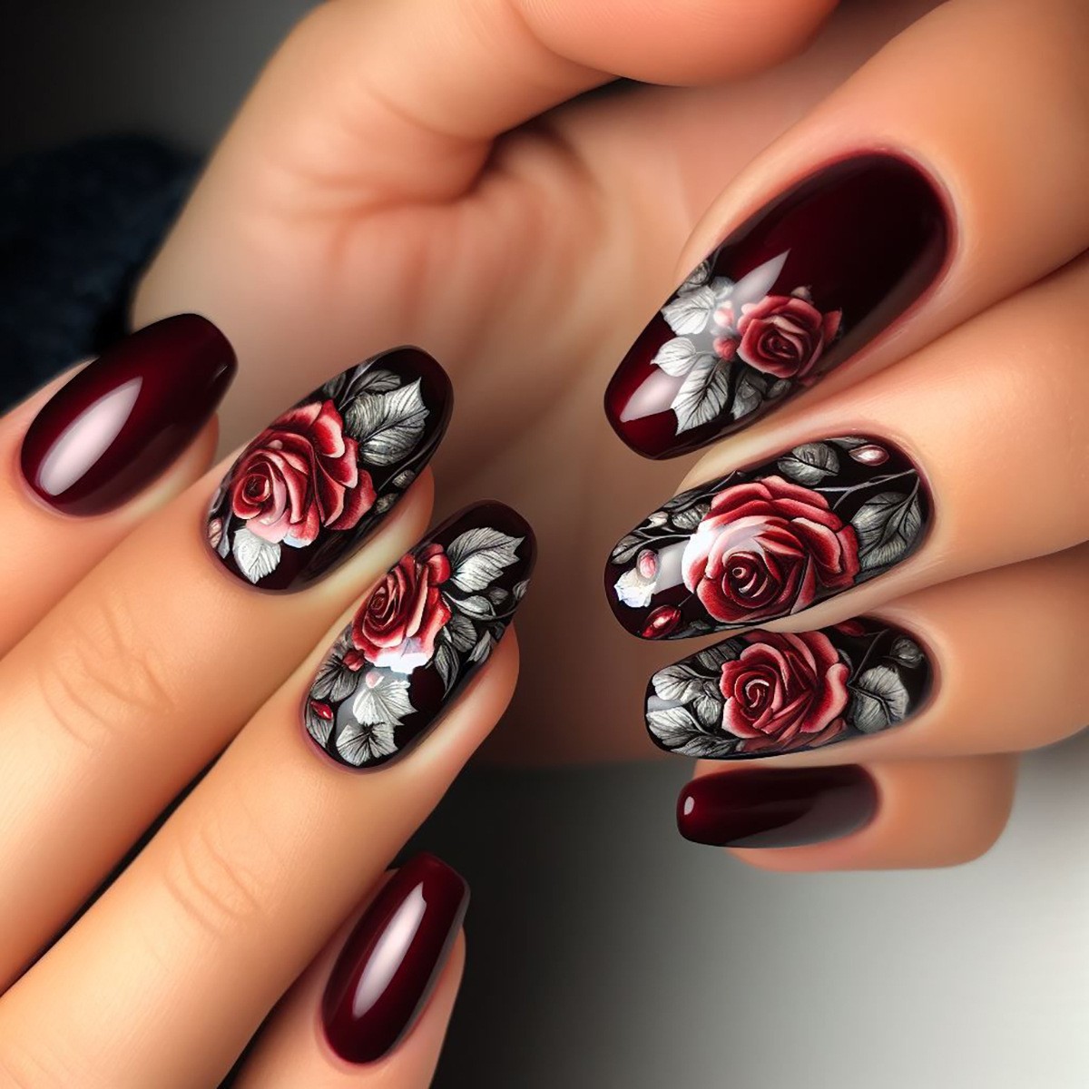 96PCS Rose Butterfly Press on Nails Red Black Elegant False Nail Tips 4 PACK