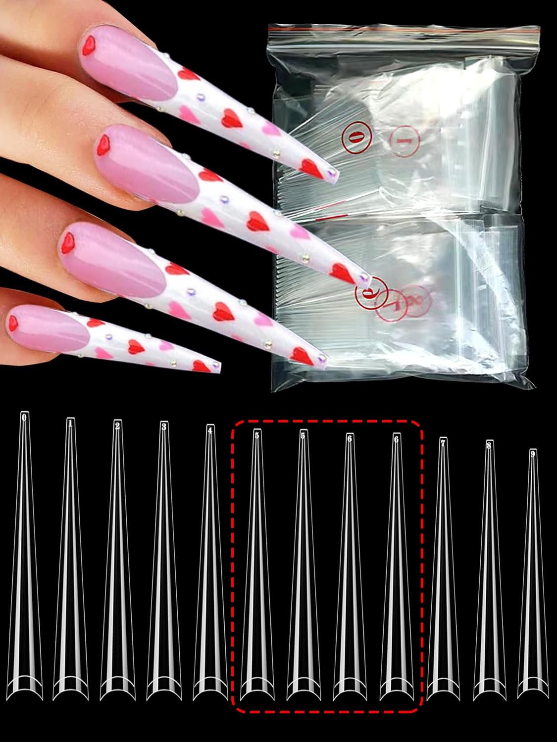 Puntas de uñas stiletto 4XL, largas y transparentes, para uñas acrílicas