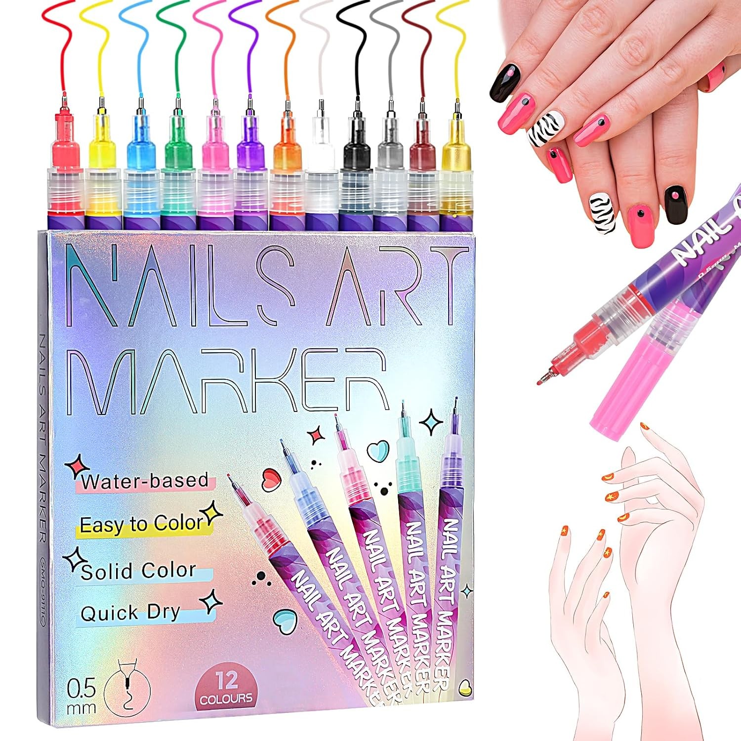 12 Colors Nail Art Pens, 0.5mm Fine Tip 3D Acrylic Polish Pen Set, Waterproof Qu