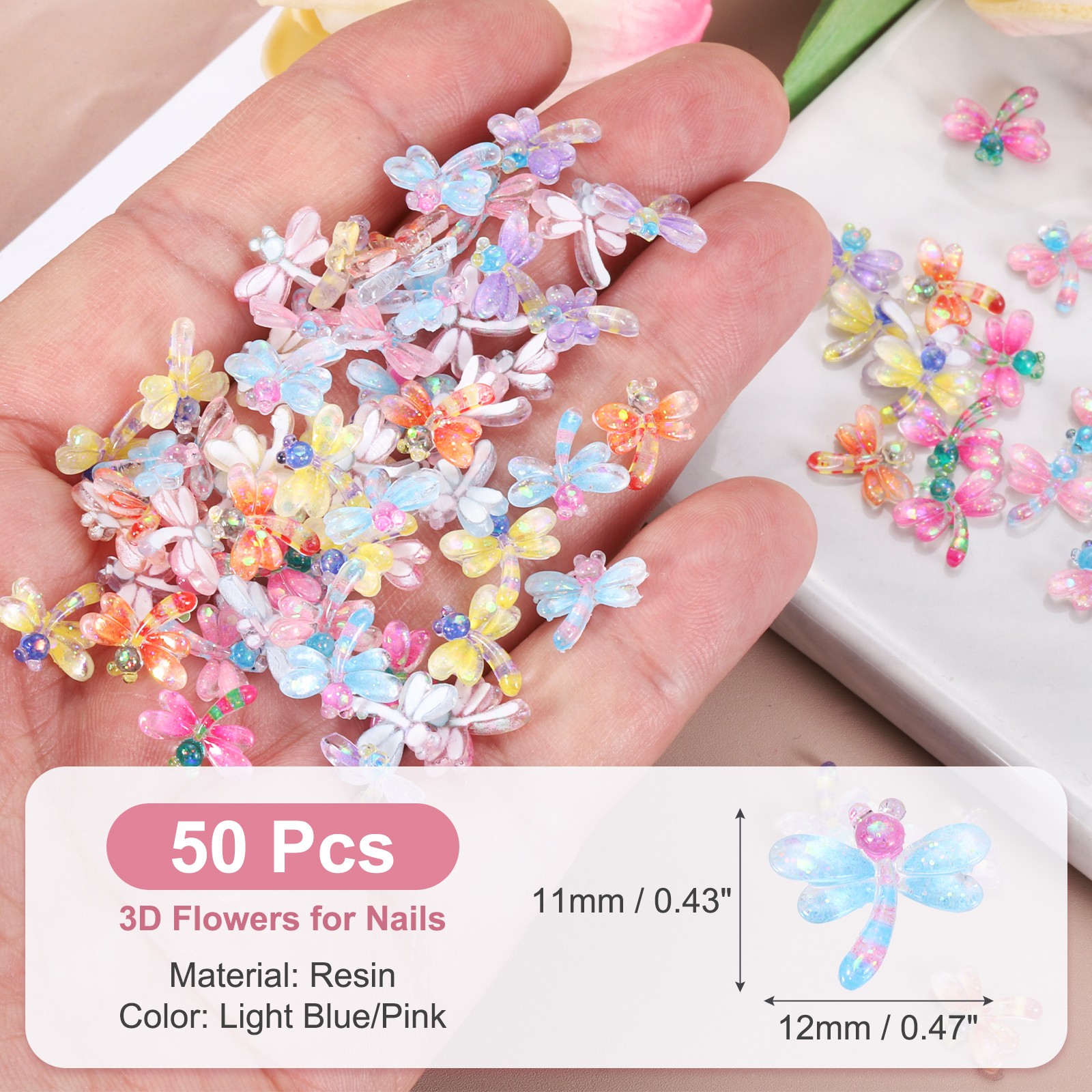 Resin Dragonfly, Mini Dragonfly 3D Flowers for Nails 50 Pcs & Light Blue/Pink