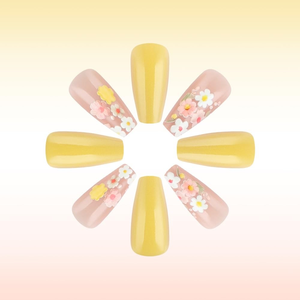 24 Pcs Flowers Press On Nails Medium Coffin Square,Spring Summer Fake Nails P…
