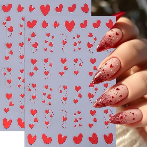 8Sheets Heart Nail Stickers Red Love Nail Decals 3D Self-Adhesive red heart