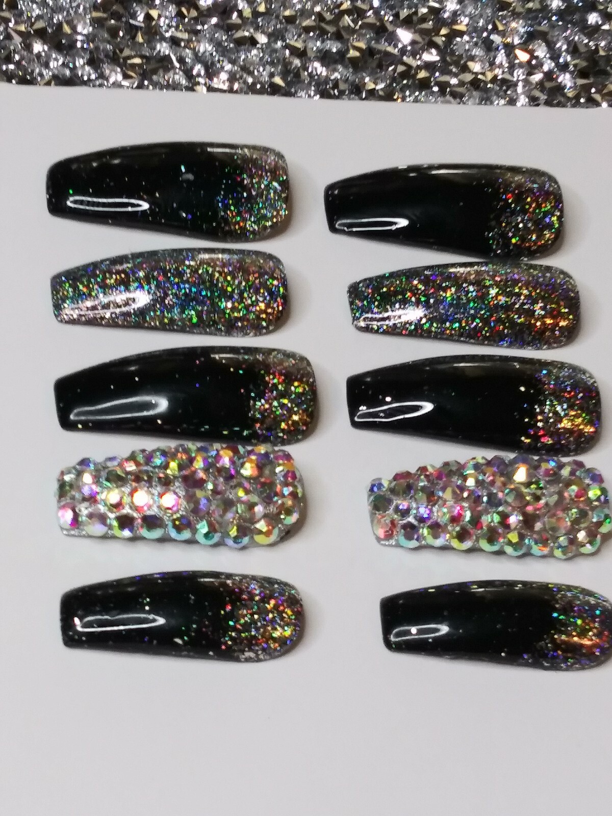 Black holographic glitter bling press on nails holo diamond crystal set short