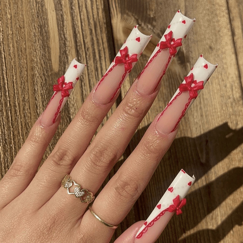 24pcs Extra Long Press on Nails, Red Chain Heart 3D Bow Romantic Nail Design