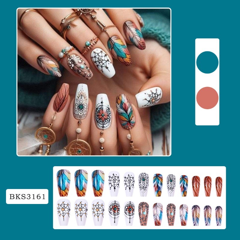48PCS Bohemian Dream Catcher Feather Pressing Nail, Removable and Reusable Nail